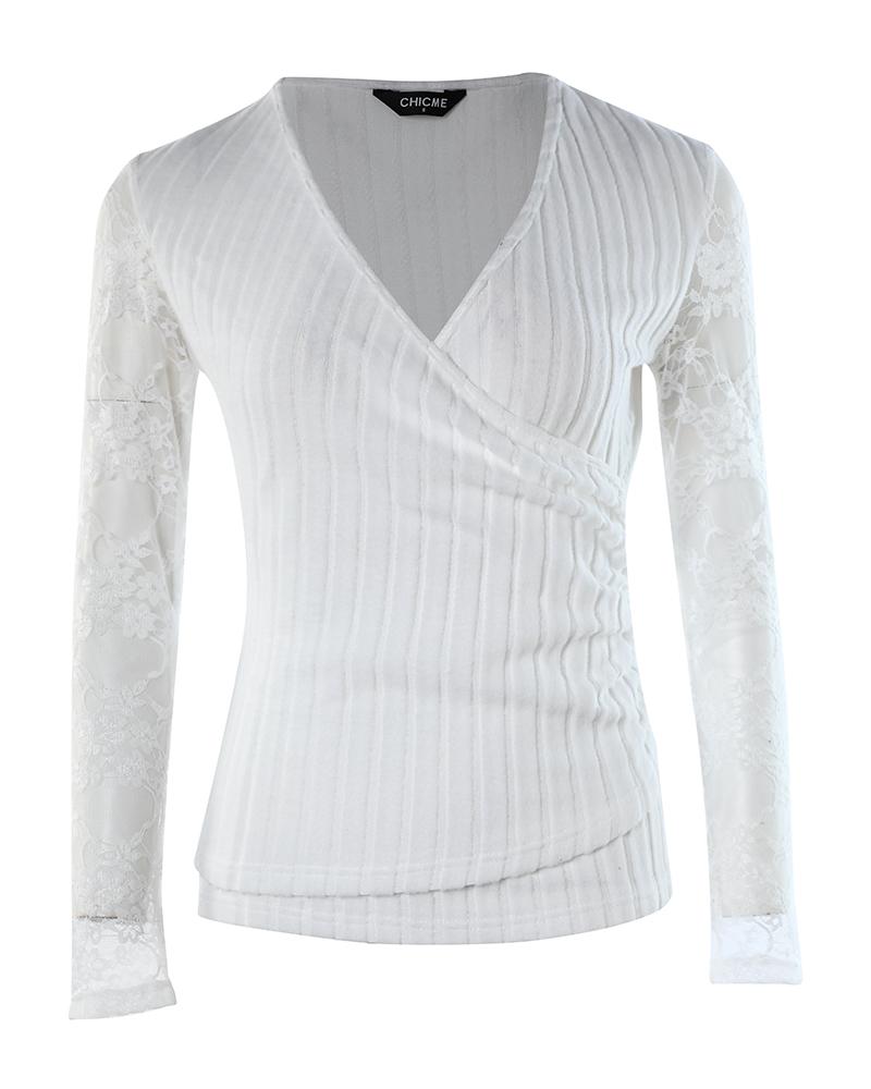 Lace Patch Deep V Neck Ruched Top