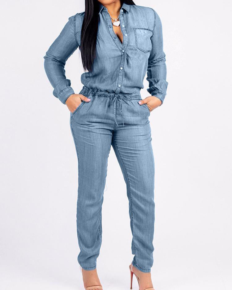 Pocket Design Drawstring Denim Jumpsuit
