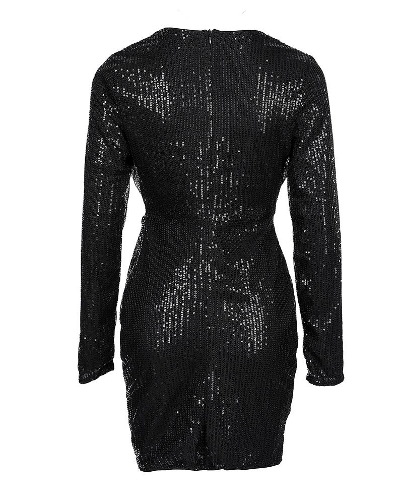 Long Sleeve Wrap Draped Detail Sequin Dress