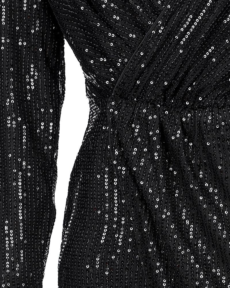 Long Sleeve Wrap Draped Detail Sequin Dress