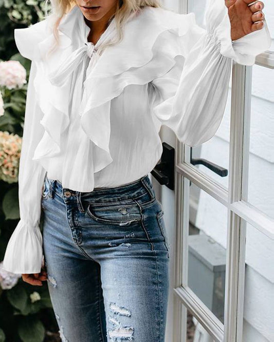 Ruffle Hem Tied Detail Bell Sleeve Blouse