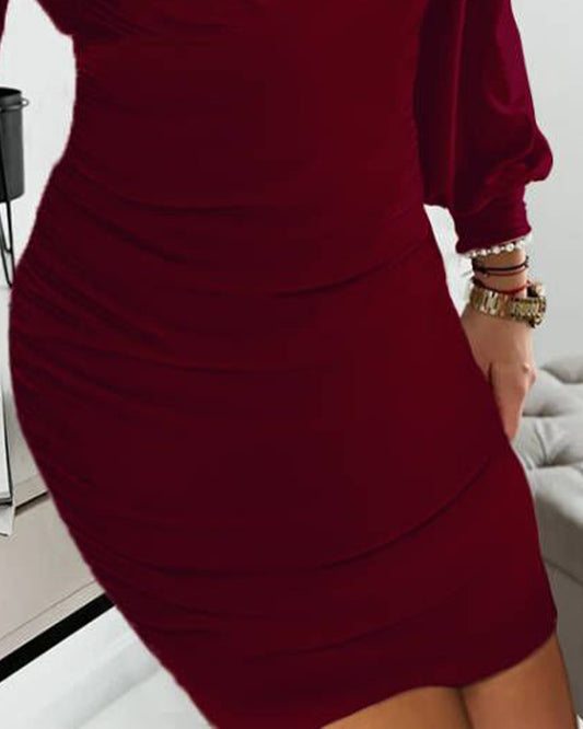 Lantern Sleeve Plunge Ruched Bodycon Dress