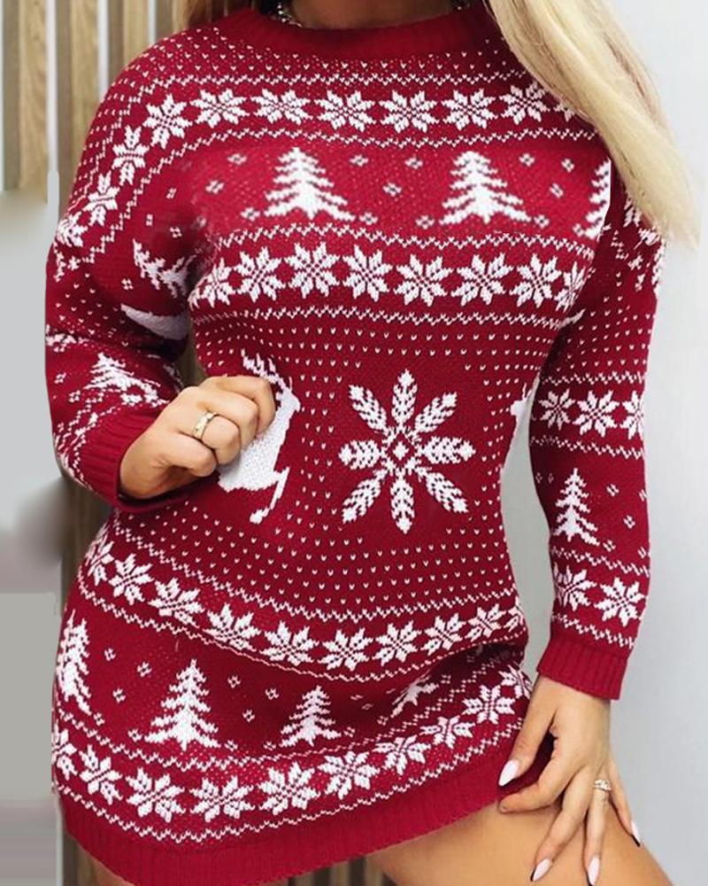 Christmas Tree Snowflake Print Knit Casual Dress