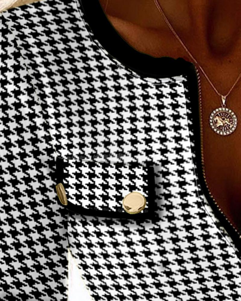 Houndstooth Print Zipper Design Flap Detail Top