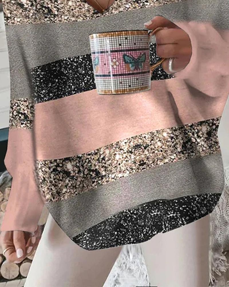 Colorblock Striped Print Long Sleeve Casual Top