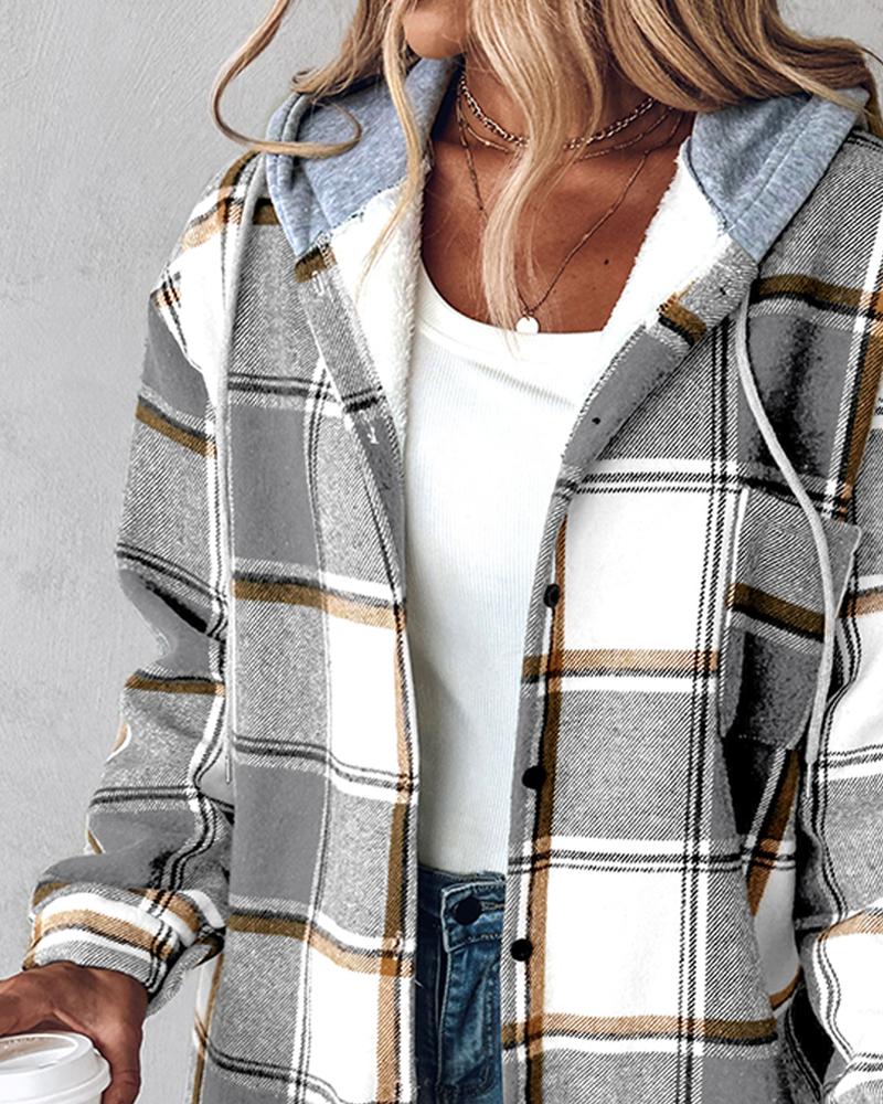 Plaid Print Buttoned Hooded Shacket