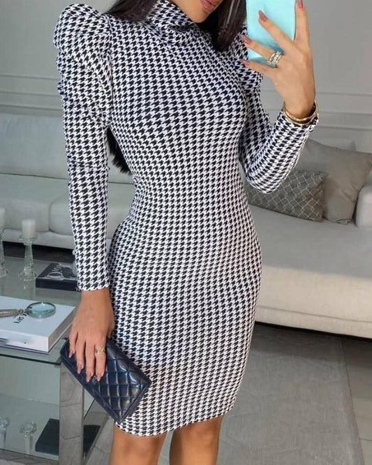 Houndstooth Print Gigot Sleeve Dress