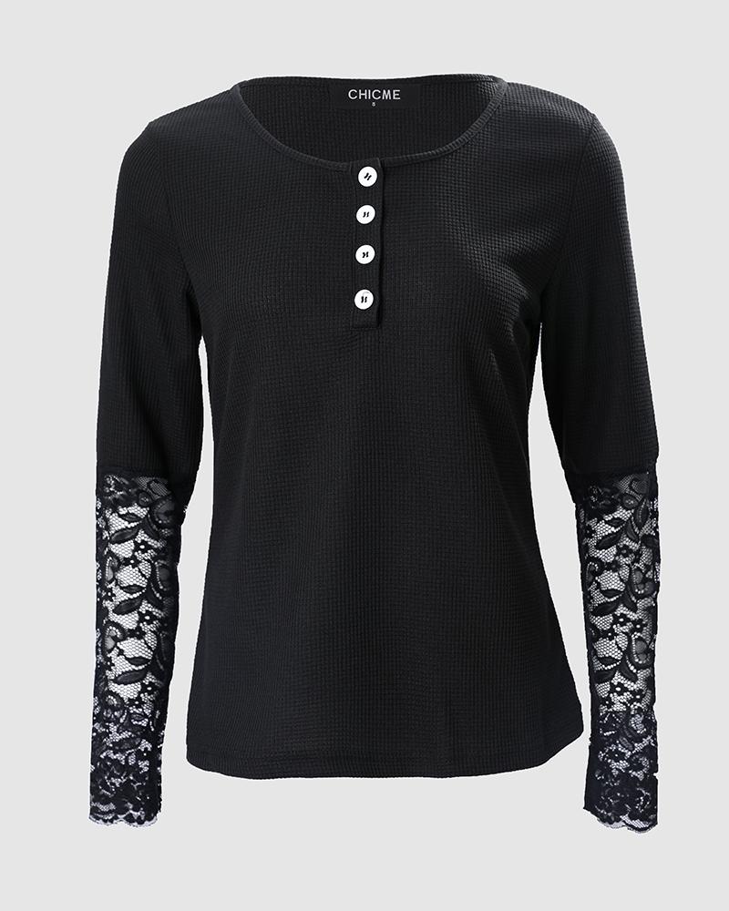 Lace Patch Buttoned Long Sleeve Top