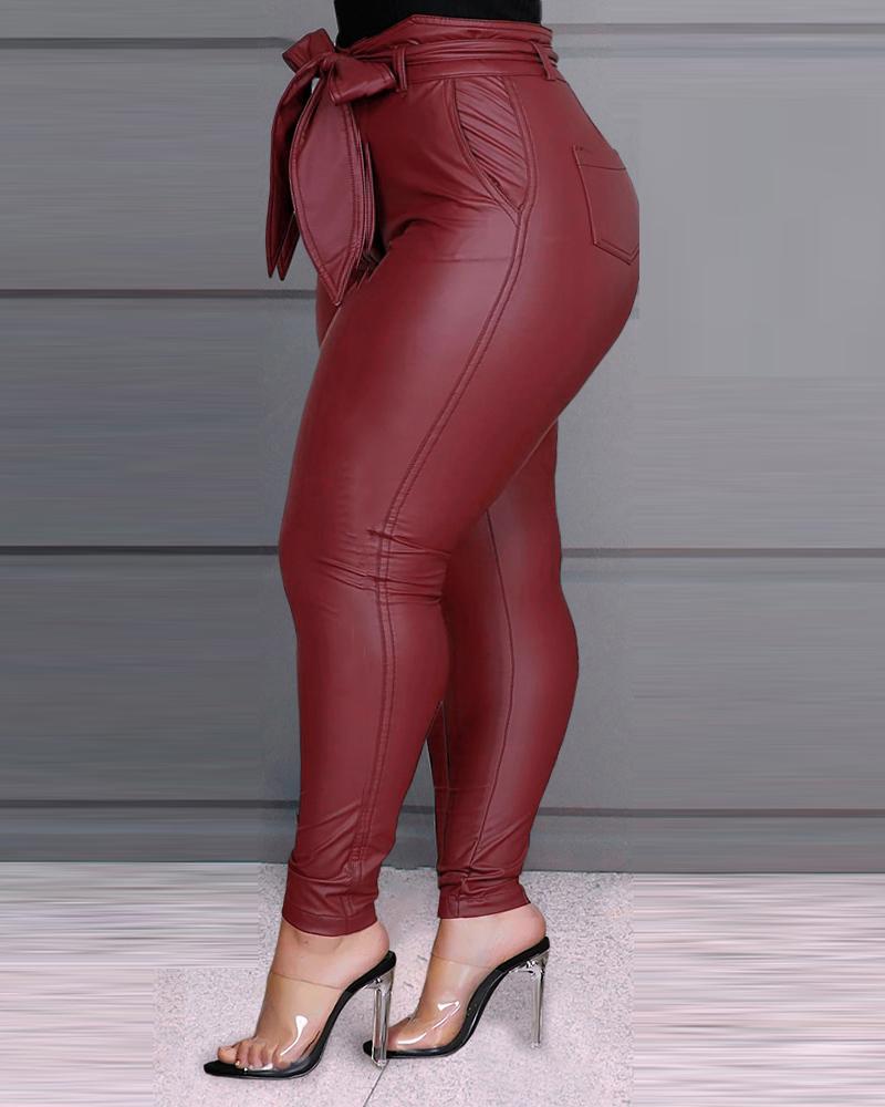 Plus Size Tied Detail Pocket Design PU Leather Pants