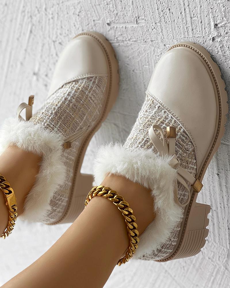Tweed Patch Bowknot Decor Fuzzy Detail Chunky Heel Loafers