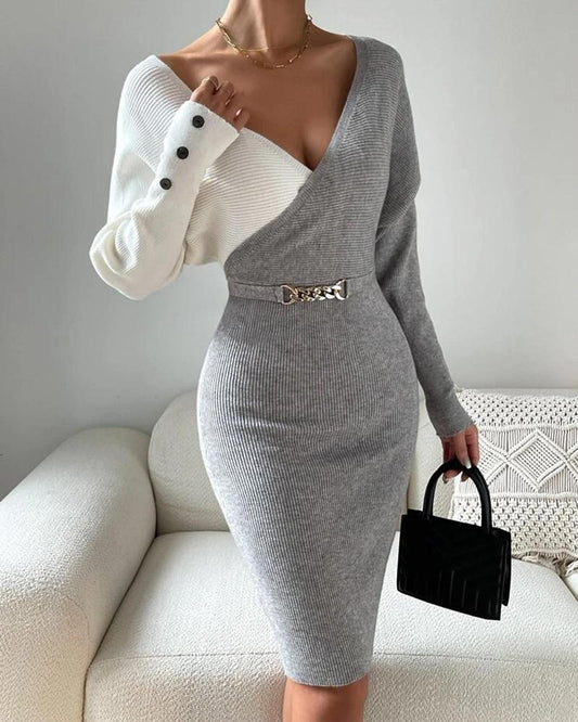 Colorblock Button Decor Long Sleeve Knit Dress