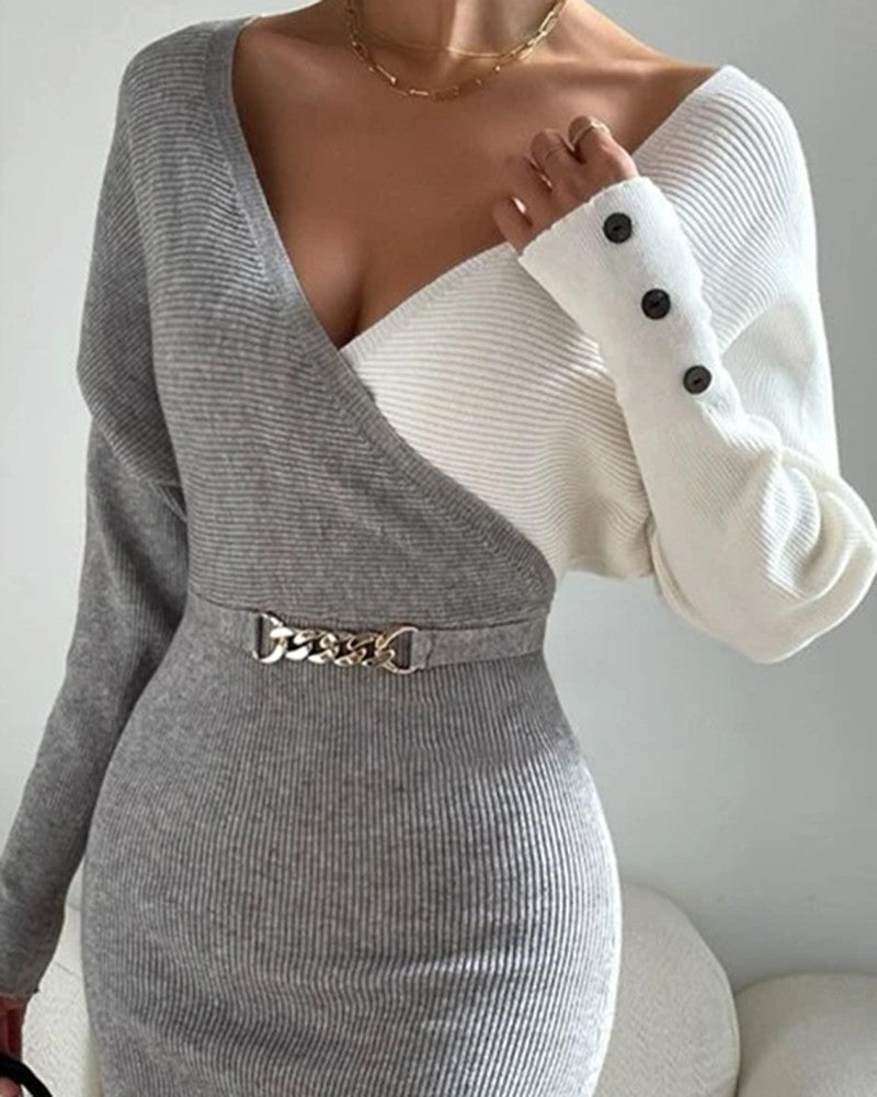 Colorblock Button Decor Long Sleeve Knit Dress