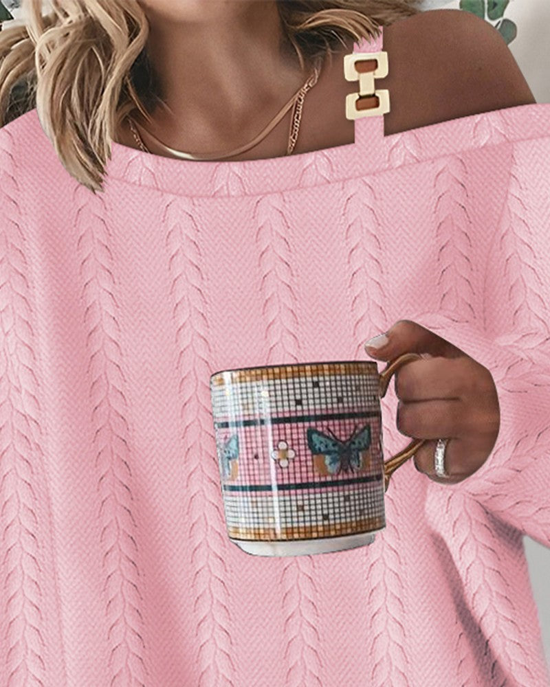 Cold Shoulder Chain Decor Wheat Textured Top