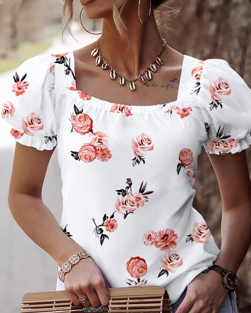 Square Neck Hollow out Knot Back Bubble Sleeve Floral Print Blouse