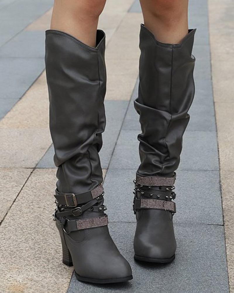Ruched Rhinestone Decor Studded Buckled Boots