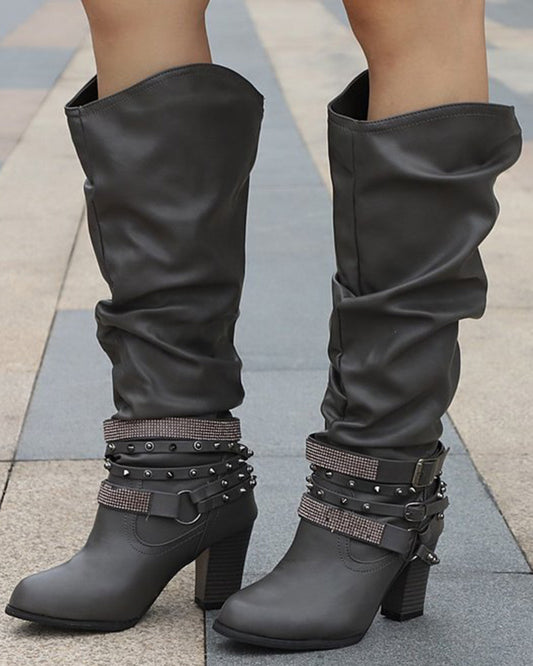 Ruched Rhinestone Decor Studded Buckled Boots