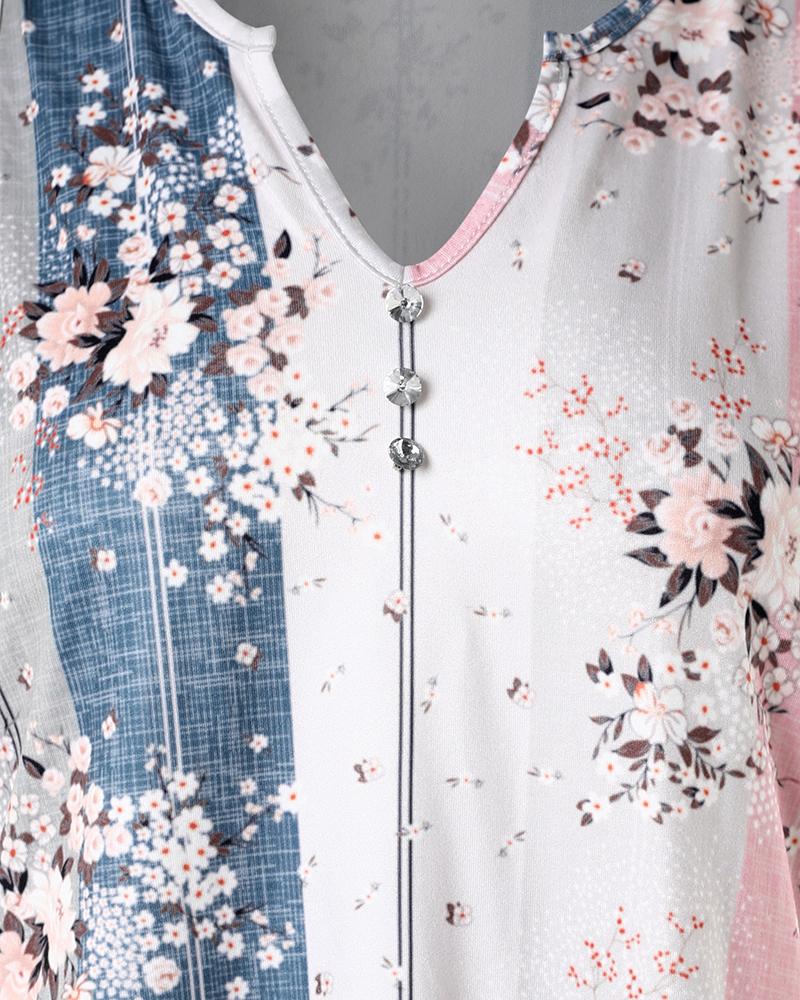 Floral Print Colorblock Notch Neck Tank Top