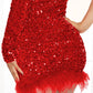 One Shoulder Feather Detail Party Sequin Dress