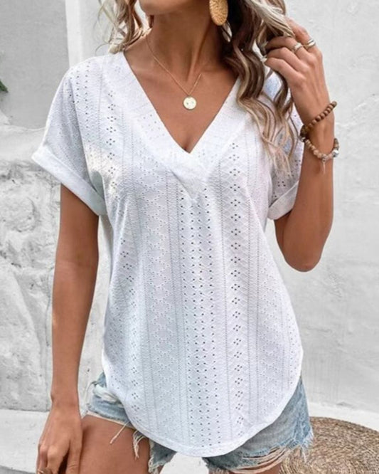 Eyelet Embroidery Short Sleeve Casual T shirt