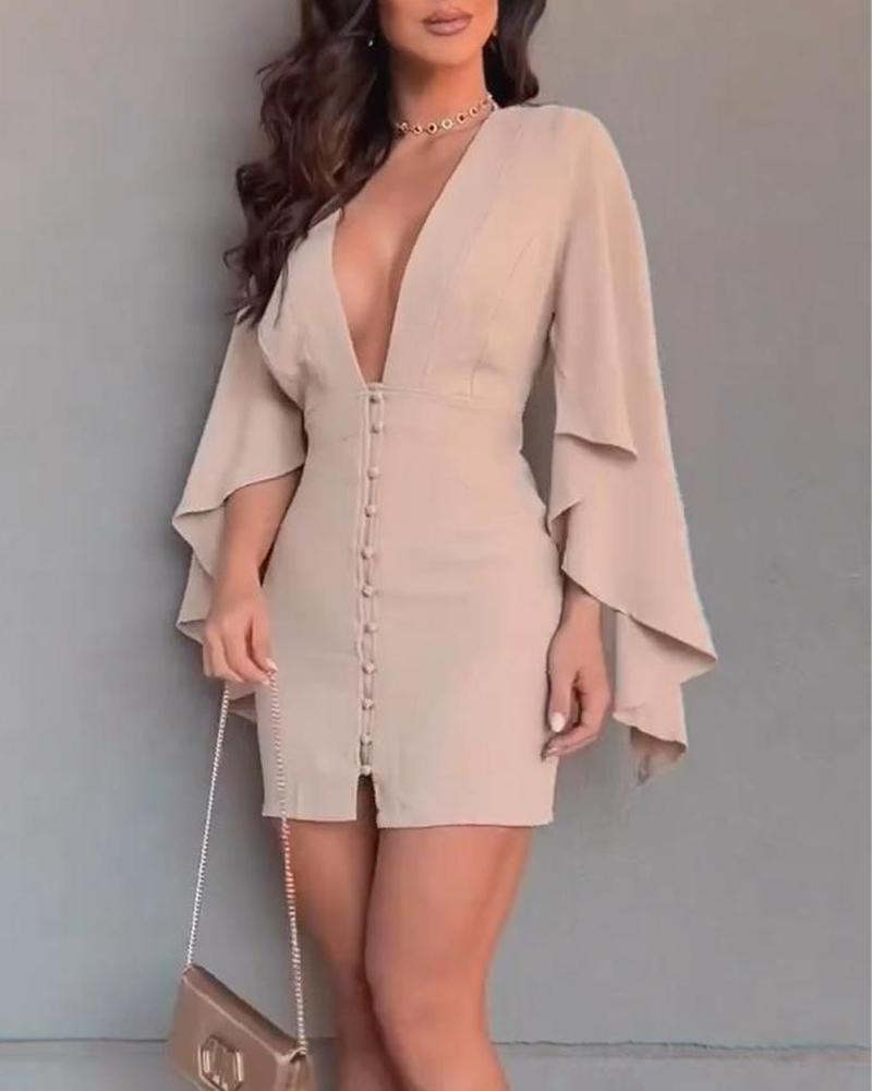 Plunge Buttoned Asymmetrical Long Sleeve Mini Dress
