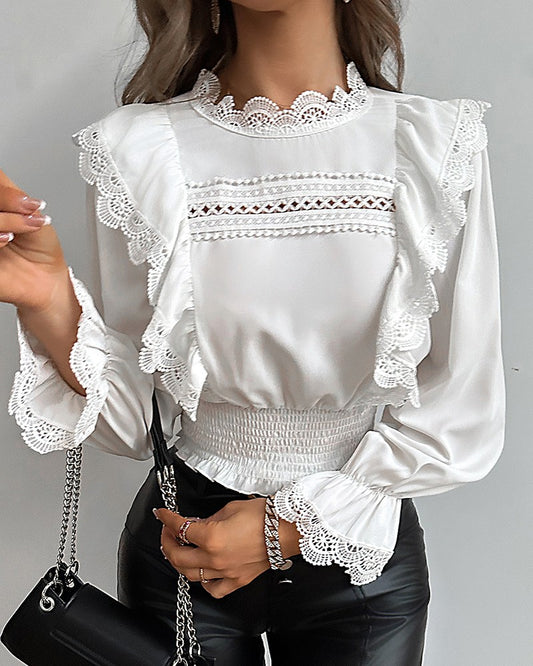 Bell Sleeve Shirred Contrast Lace Top
