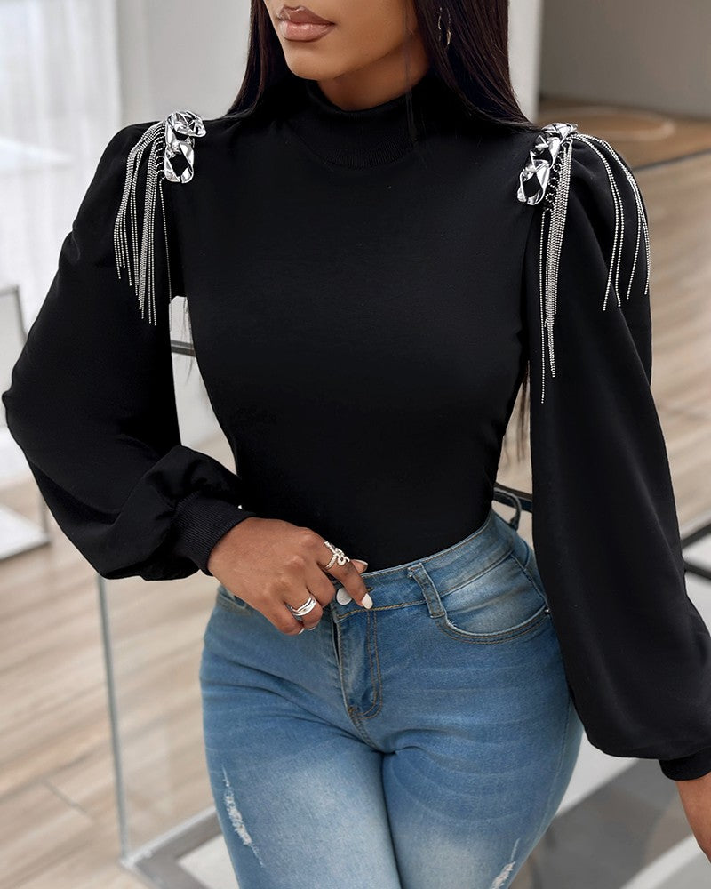 Tassel Design Chain Decor Lantern Sleeve Top