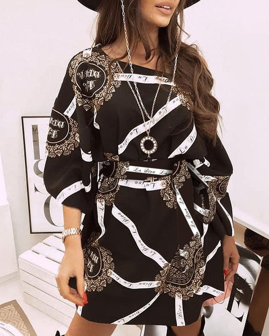 Letter Baroque Print Long Sleeve Casual Dress