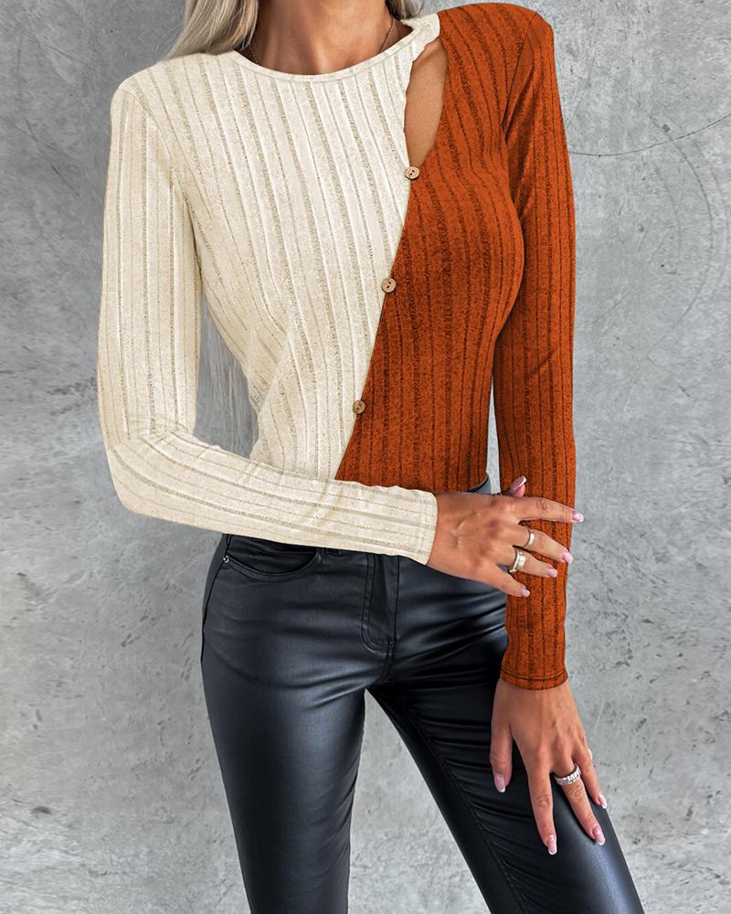 Colorblock Cutout Buttoned Ribbed Top
