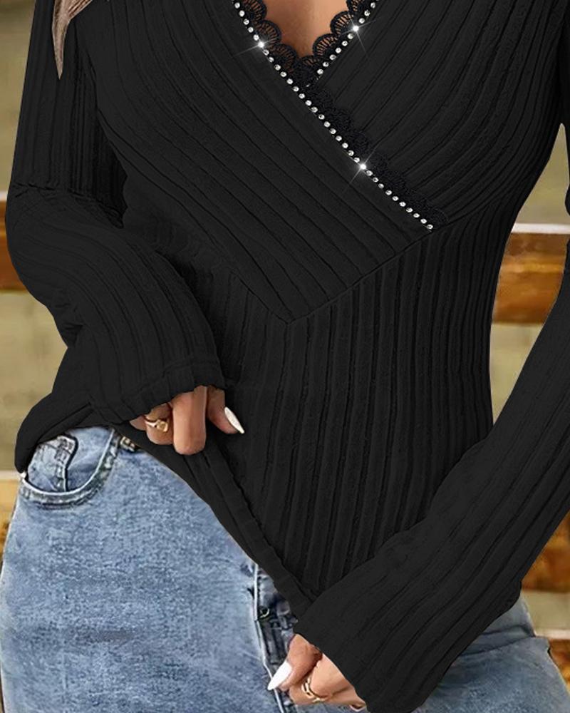 Rhinestone Lace Trim Ribbed Top