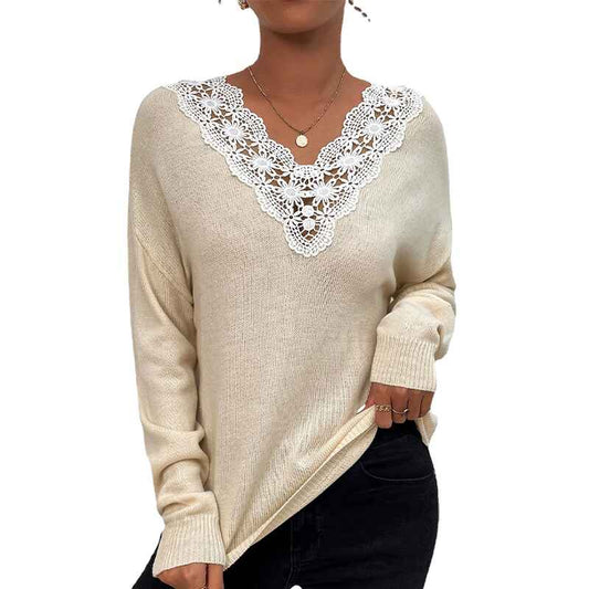     Apricot-Sweaters-for-Women-Lace-V-Neck-Long-Sleeve-Tunic-Tops-for-Leggings-Fall-Fashion-K313