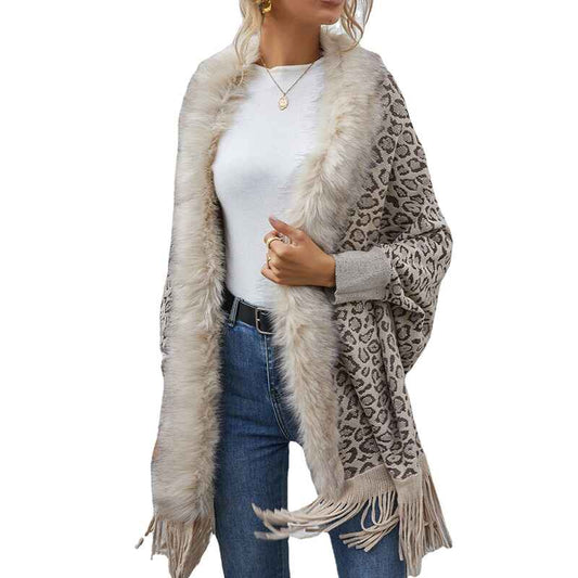 Apricot-Womens-Cardigans-Open-Front-Color-Stripe-Slash-Tassel-Hem-Poncho-Knit-Sweater-K289