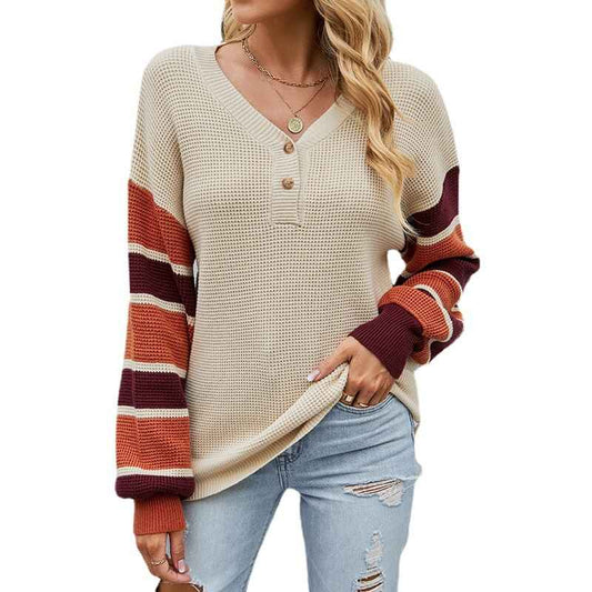Apricot-Womens-Long-Sleeve-V-Neck-Ribbed-Button-Knit-Sweater-Color-Matching-Tops-K443