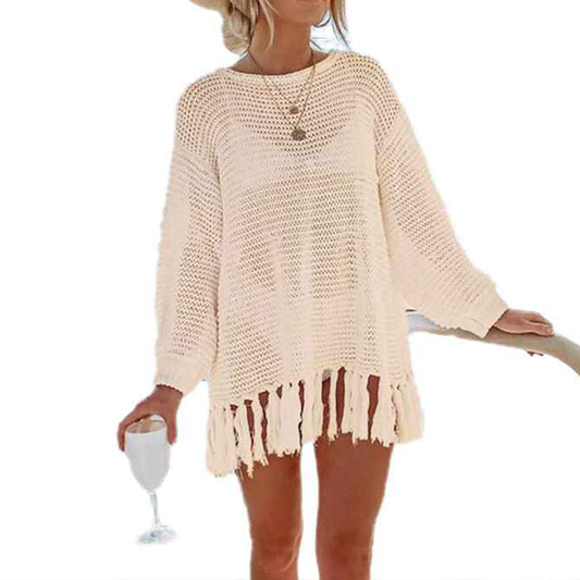 Beach-Swimsuit-for-Women-Sleeve-Coverups-Bikini-Cover-Up-Net-Slit-Dark-Beige