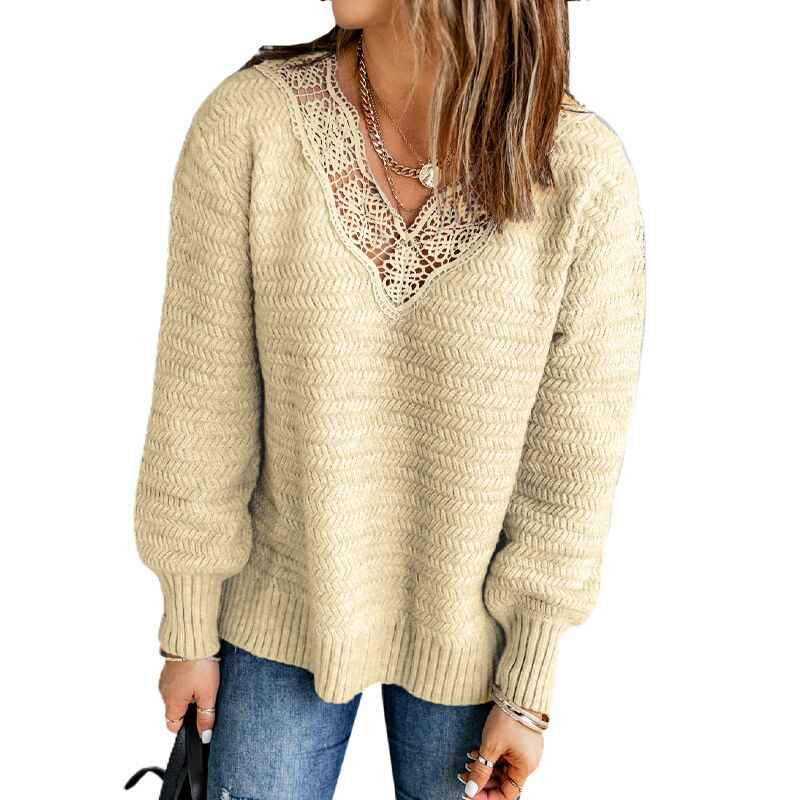 Beige-Womens-Long-Sleeve-V-Neck-Loose-Lightweight-Knitted-Pullover-Sweater-Jumper-Top-K175