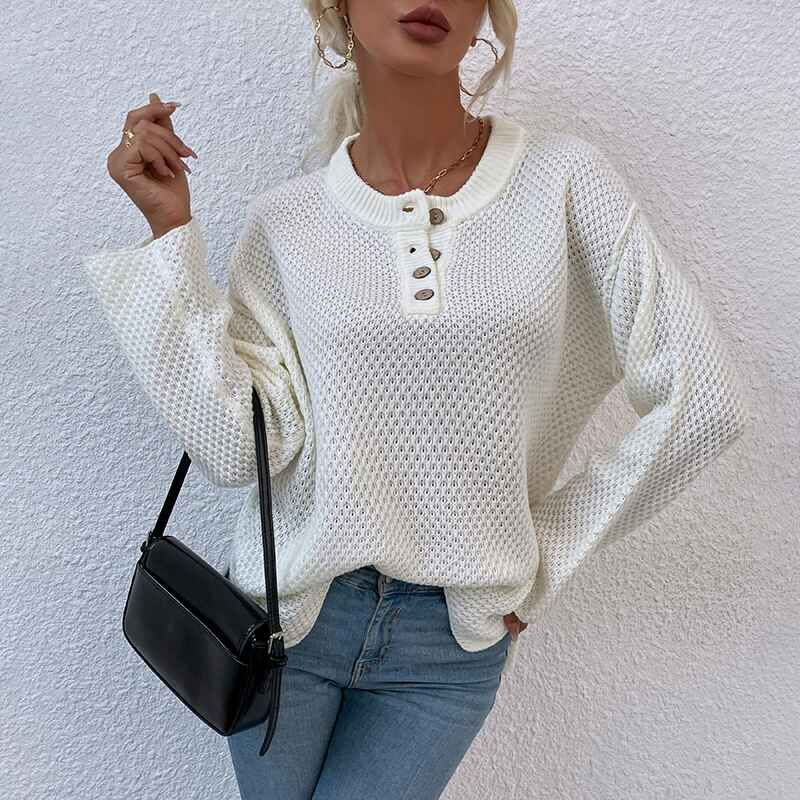 Beige-Womens-Waffle-Knit-V-Neck-Sweater-Casual-Long-Sleeve-Side-Slit-Button-Henley-Pullover-Jumper-Top-K412