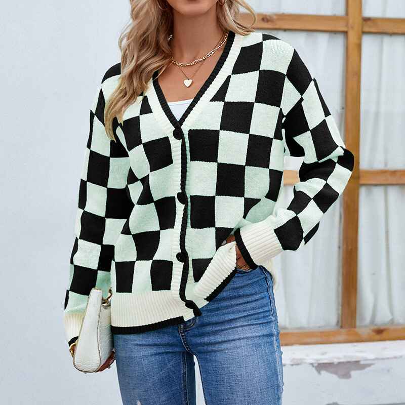 Black-Argyle-Sweater-Women-Button-Cardigan-V-Neck-K474