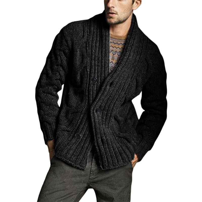 Black-Cable-Knit-Cardigan-Sweater-Shawl-Collar-Loose-Fit-Long-Sleeve-Casual-G062