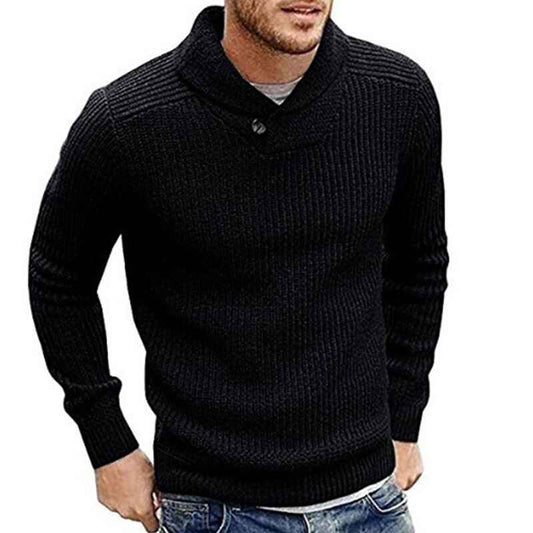 Black-Mens-Shawl-Collar-Pullover-Sweater-Slim-Fit-Casual-Button-Cable-Knit-Sweaters-G044