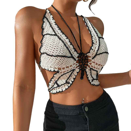 Black-Stripe-Womens-Summer-Beach-Backless-Crochet-Halter-Bikini-Crop-Top-K567-White-Map
