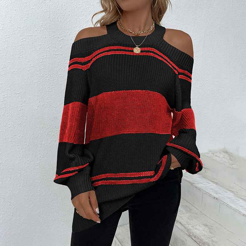 Black-Sweaters-for-Women-Halter-Cold-Shoulder-Color-Block-Criss-Cross-V-Back-Chunky-Knit-Pullover-Jumper-Tops-Tunics-K270