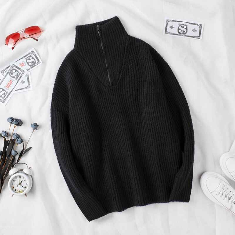 Black-Womens-1-4-Zipper-Long-Sleeve-V-Neck-Collar-Casual-Oversized-Ribbed-Knit-Pullover-Tunic-Sweater-K190-Front