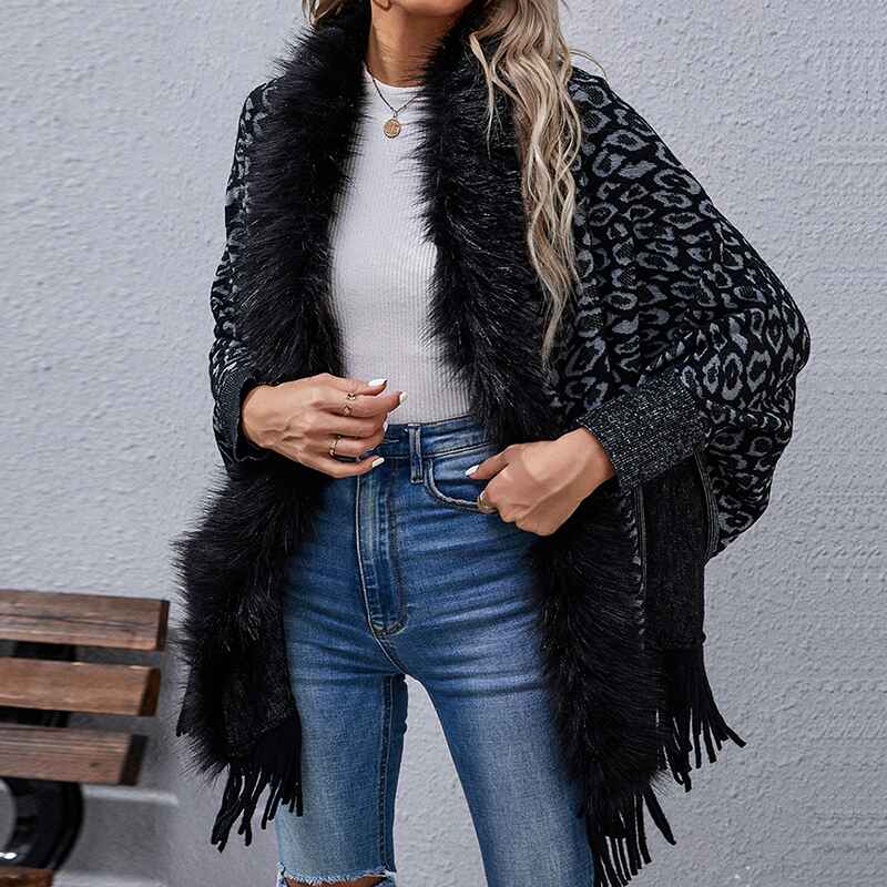 Black-Womens-Cardigans-Open-Front-Color-Stripe-Slash-Tassel-Hem-Poncho-Knit-Sweater-K289