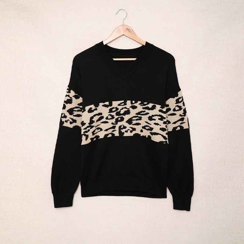 Black-Womens-High-density-Lightweight-Chic-Knit-Pullover-Sweaters-Tunic-Tops-Leopard-Striped-Warm-Soft-Winter-K168