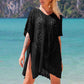    Black-Womens-Knitted-Cover-Up-Mini-Dress-Side-Split-Hollow-Out-Scoop-Neck-Short-Sleeve-Beach-Dresses
