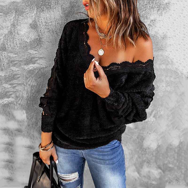 Black-Womens-Long-Sleeve-V-Neck-Hollow-Out-Lace-Patchwork-Ribbed-Kint-Pullover-Sweaters-Tops-K164-Front