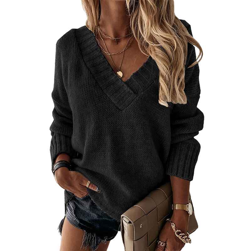 Black-Womens-Long-Sleeve-V-Neck-Pullover-Tops-Oversized-Chunky-Knitted-Loose-Jumper-Sweaters-K180