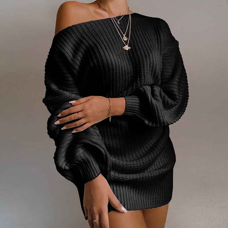 Black-Womens-Off-Shoulder-Sweater-Dress-Long-Sleeve-Loose-Oversized-Pullover-Knit-Jumper-K032