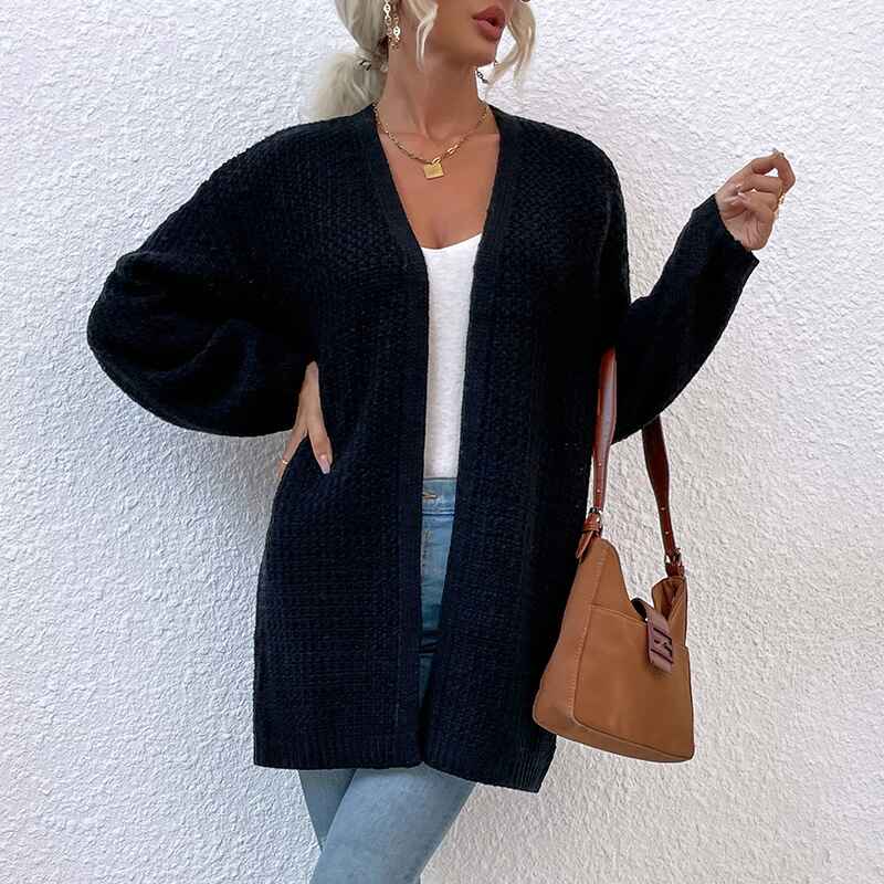 Black-Womens-Open-Front-Chunky-Knit-Sweater-Oversized-Lantern-Sleeve-Cardigan-Outwear-K224