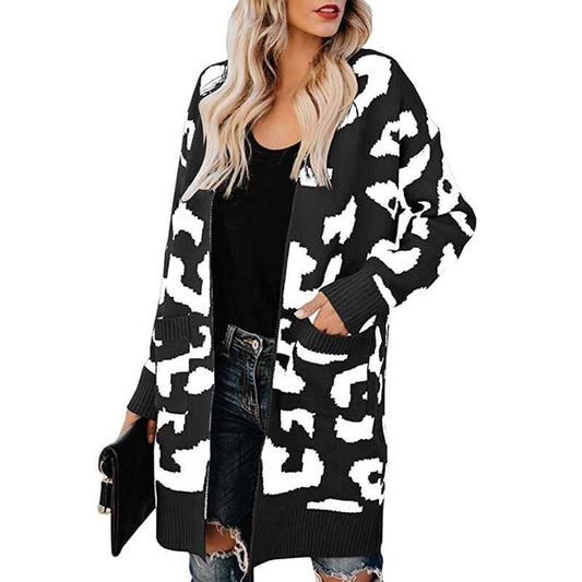 Black-Womens-Open-Front-Leopard-Knit-Cardigan-Sweaters-Pockets-Long-Sleeve-Outwear-K066
