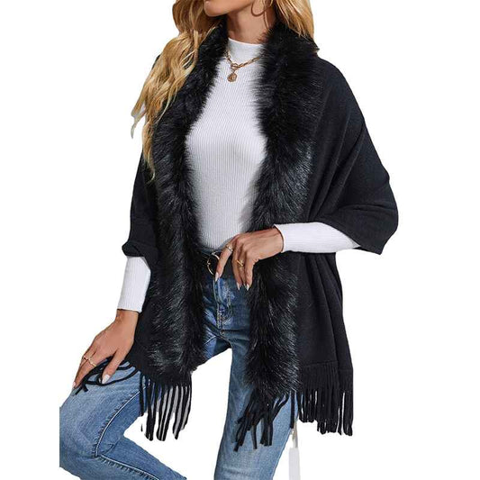 Black-Womens-V-Cut-Reversible-Tassel-Knitted-Large-Poncho-Capes-Wrap-Shawl-K292